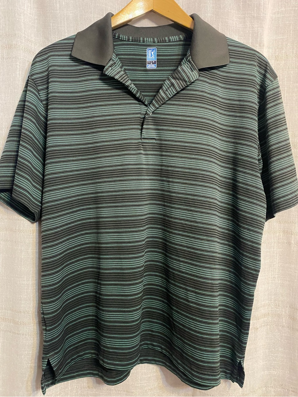 PGA Tour Sage Green Charcoal Gray Striped Short Sleeve Polo Shirt L